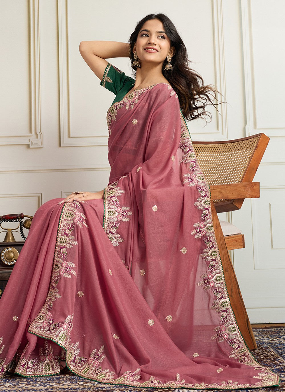 Pink Georgette Trendy Saree Embroidered S19113
