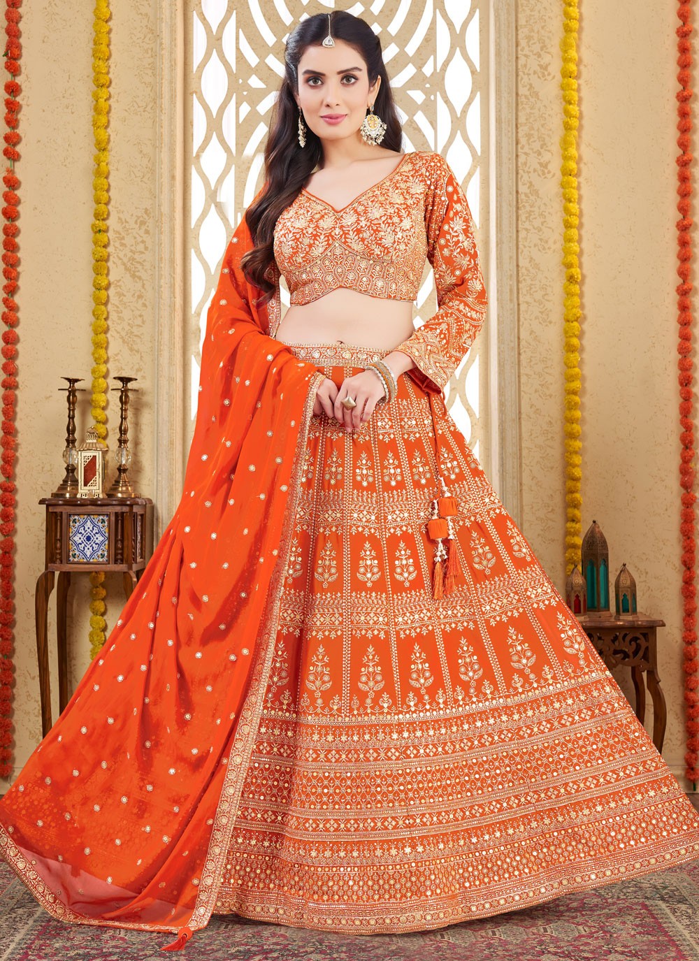 Embroidered Georgette Orange Readymade Lehenga Choli L3766