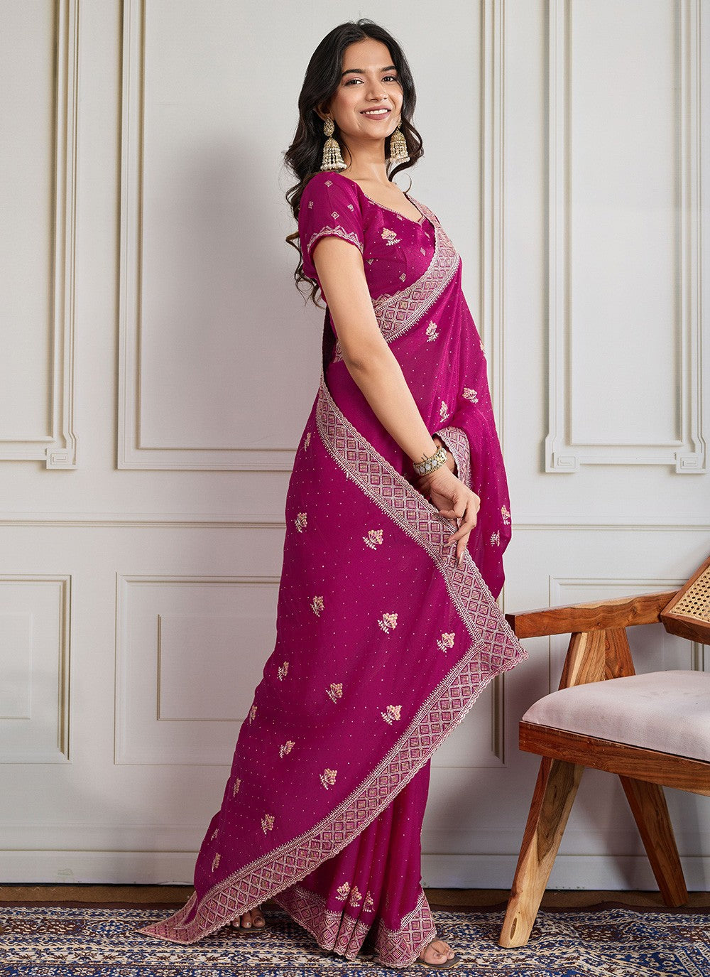 Pink Georgette Trendy Saree Embroidered, Swarovski S19304