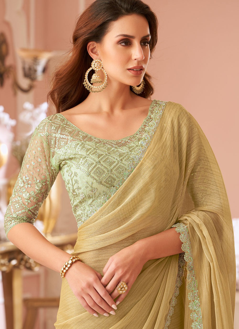 Trendy Saree Border Work Khaki Georgette Saree S13651