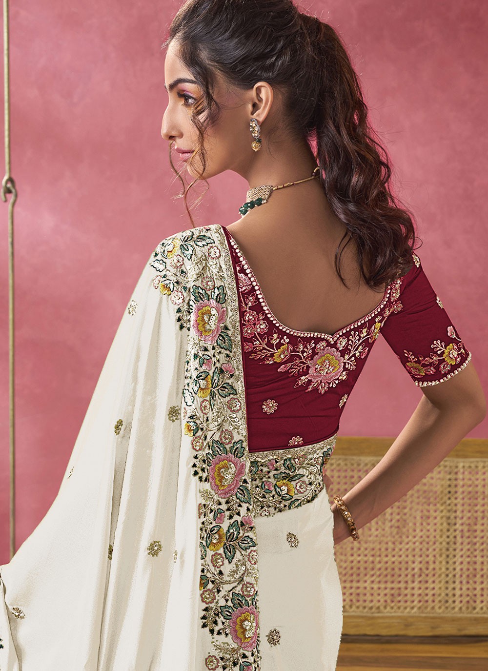 Cord Georgette White Saree S14207