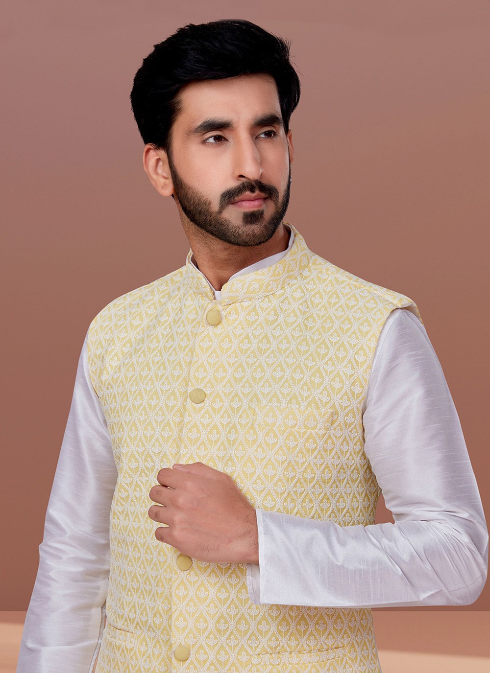 Embroidered Georgette Yellow Nehru Jackets - M7377