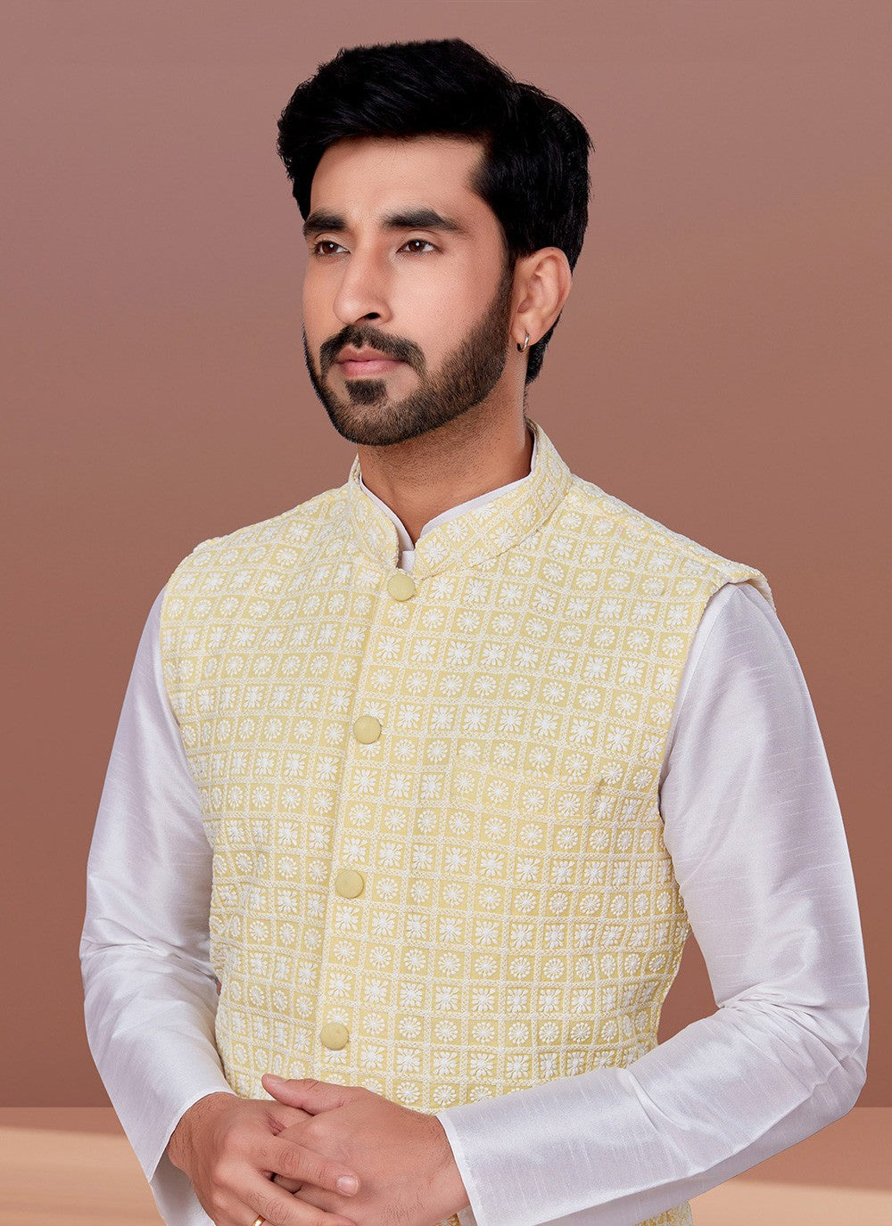 Embroidered Georgette Yellow Nehru Jackets - M7380