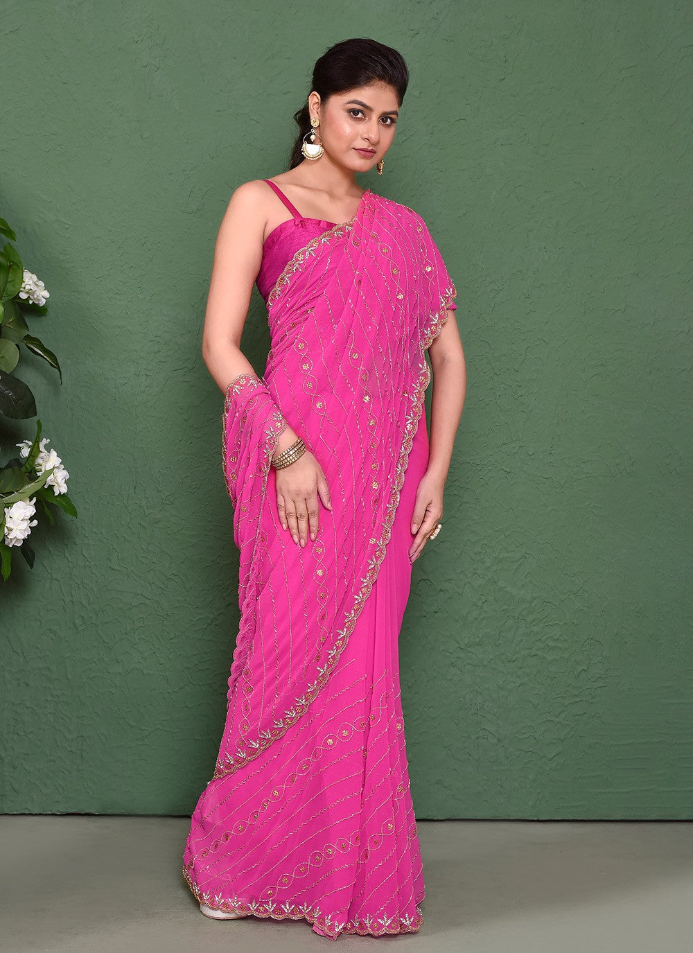 Hand Embroidery Georgette Pink Saree S14323