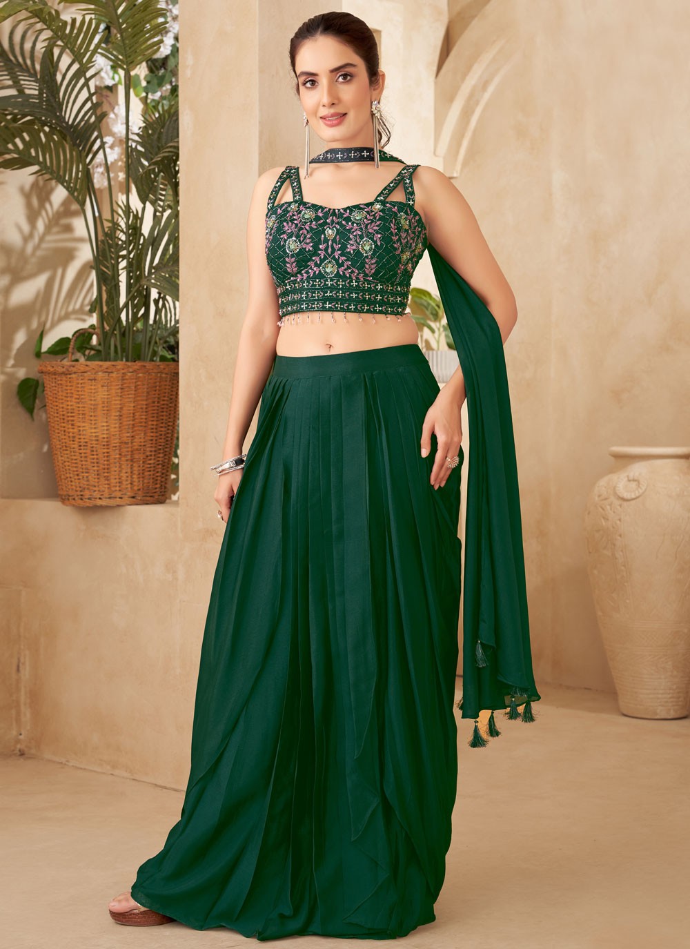Plain Georgette Green Lehenga Choli L3724