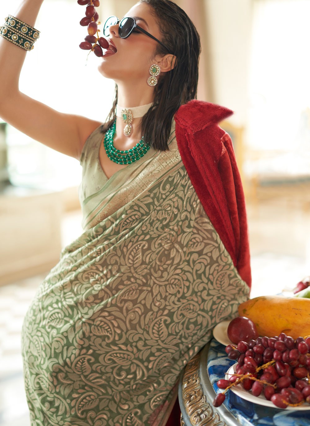 Green Georgette Trendy Saree Fancy Work, Woven S18265