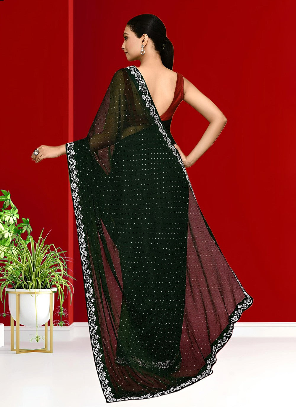 Hand Embroidery Georgette Green Saree S14288