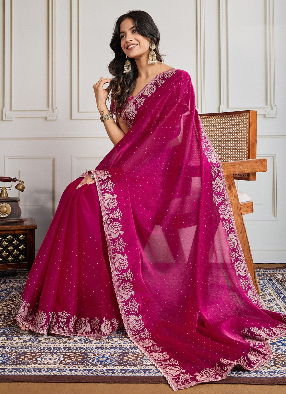 Hot Pink Georgette Classic Saree Embroidered, Swarovski S19303