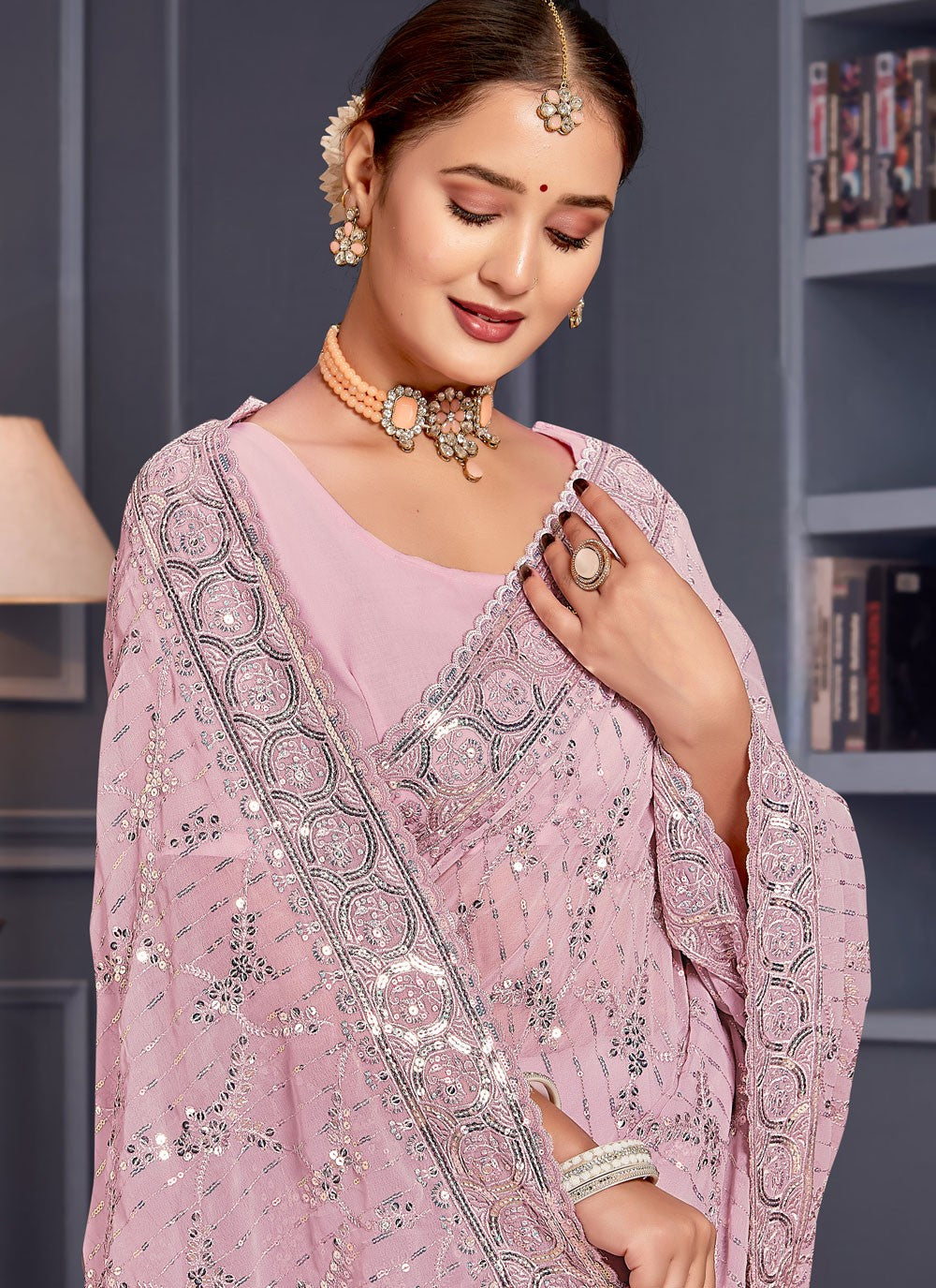 Embroidered Georgette Lavender Saree S14658