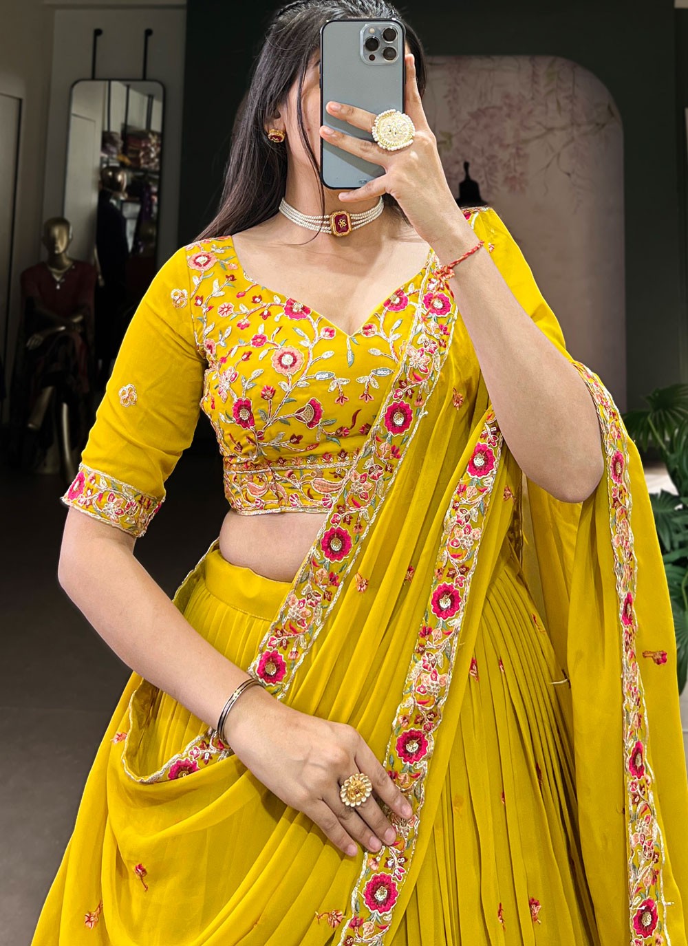 Embroidered Georgette Mustard Lehenga Choli L3499