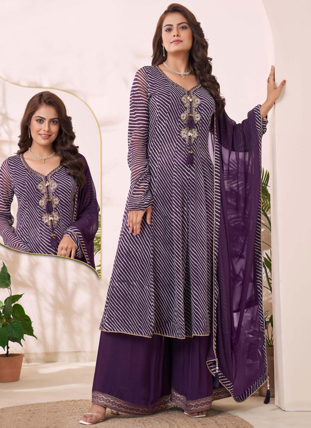 Palazzo Suit Embroidered, Strips Purple T7784