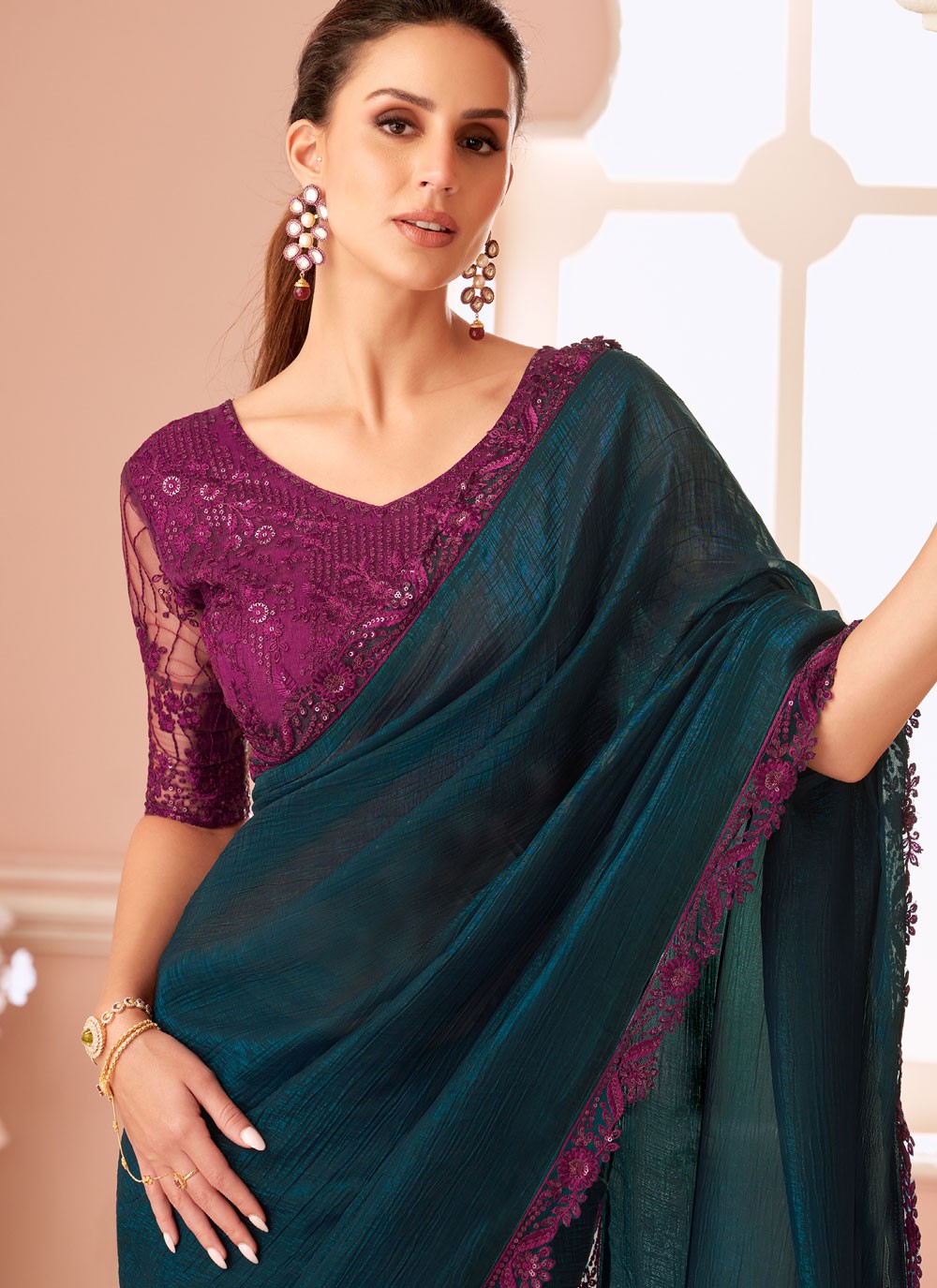 Classic Saree Border Work Morpeach, Teal Georgette Saree S13652