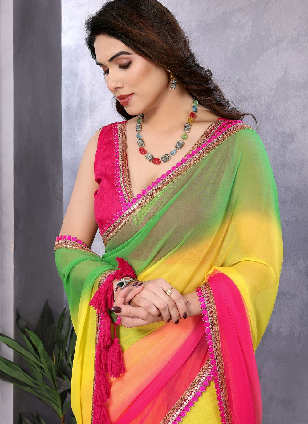 Contemporary Border Work Multi Colour Georgette Saree S12468