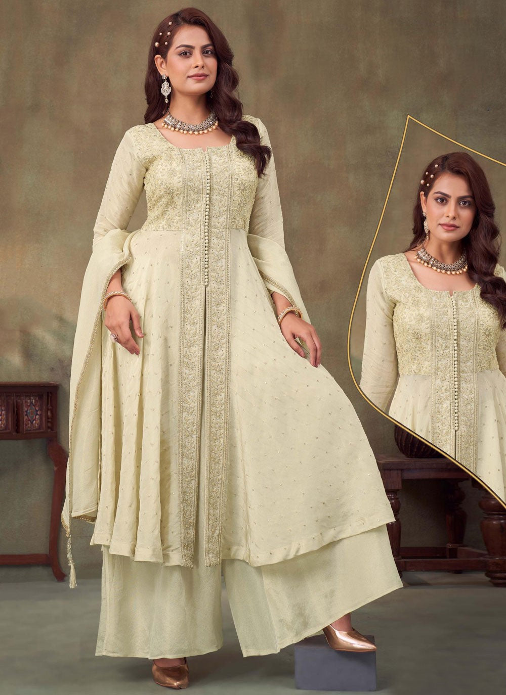 Palazzo Suit Embroidered, Sequins, Thread Off White T7777