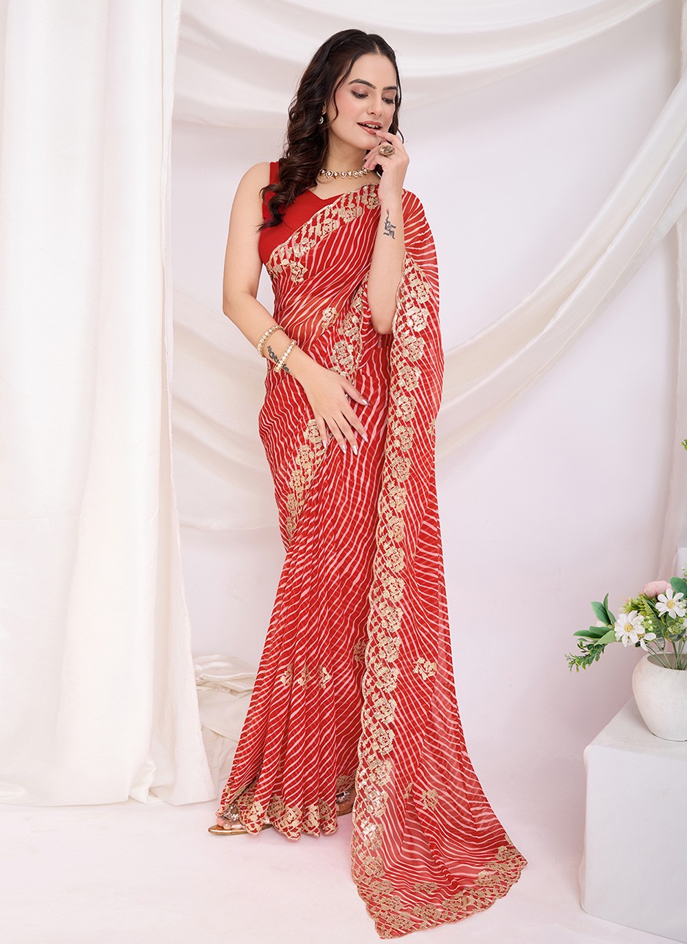 Embroidered Georgette Red Saree S14020