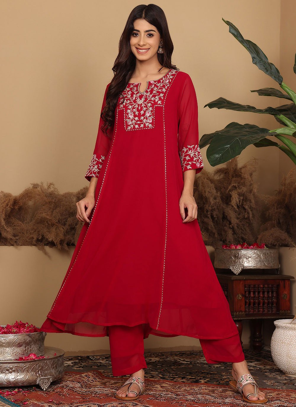 Salwar Suit Embroidered Hot Pink, Red Georgette T5647