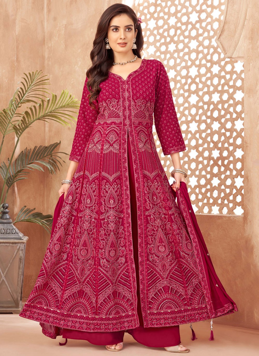 Anarkali Thread Hot Pink, Red Georgette T5563