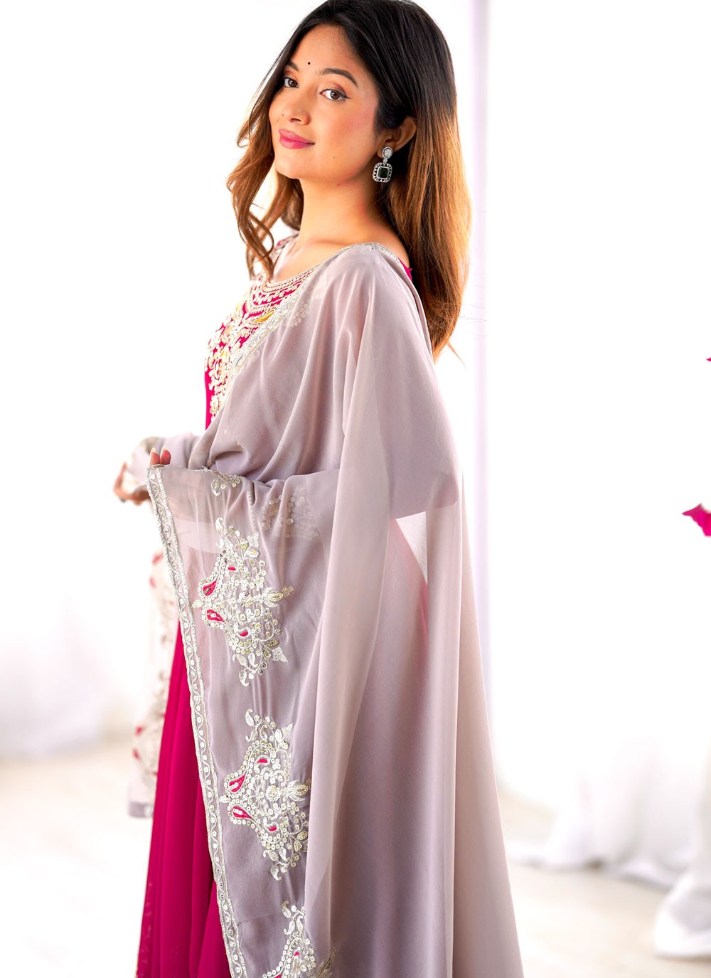 Anarkali Embroidered, Multi Work, Sequins, Thread, Zari Hot Pink T7577