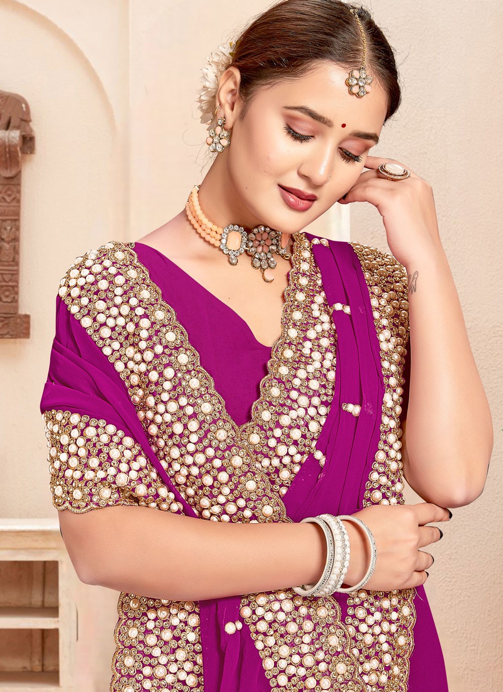 Border Work Georgette Purple Saree S14642