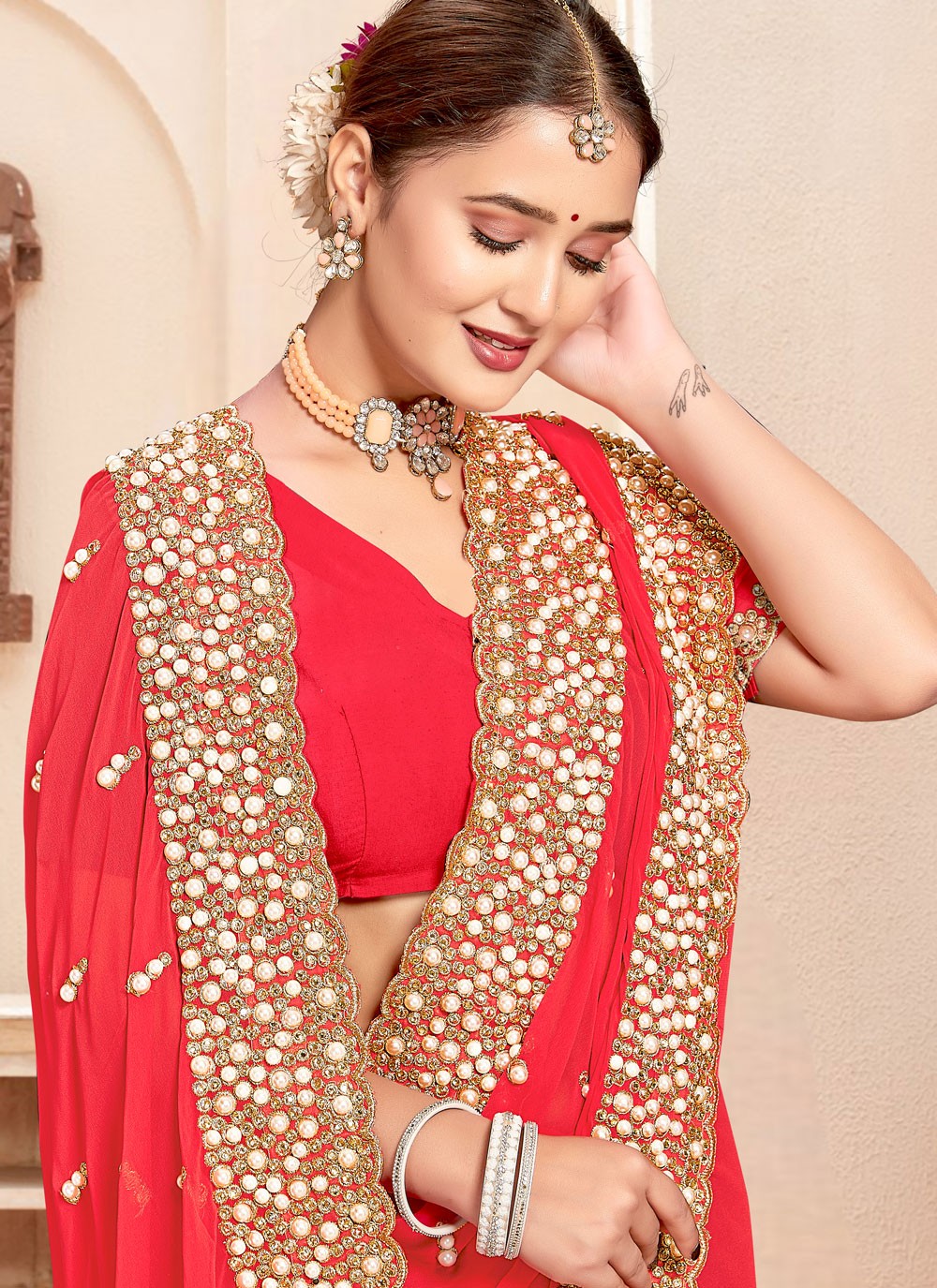 Border Work Georgette Red Saree S14640