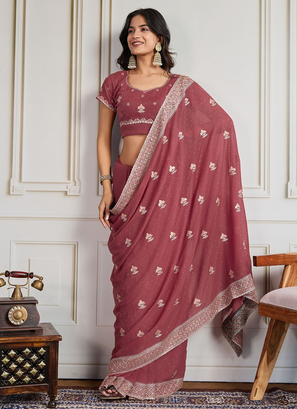 Rust Georgette Classic Saree Embroidered, Swarovski S19441