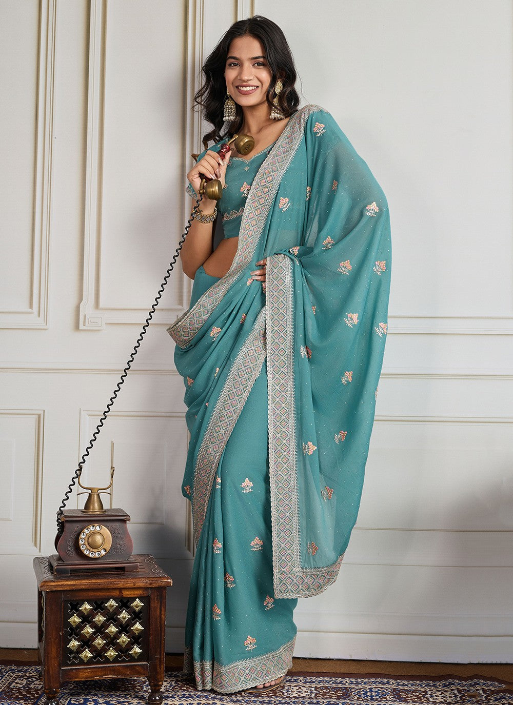 Sea Green Georgette Contemporary Saree Embroidered, Swarovski S19440