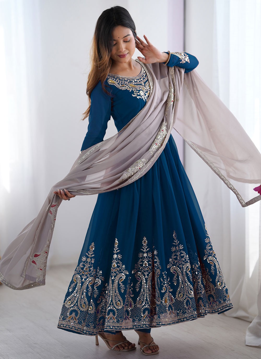 Anarkali Embroidered, Sequins Blue T7864