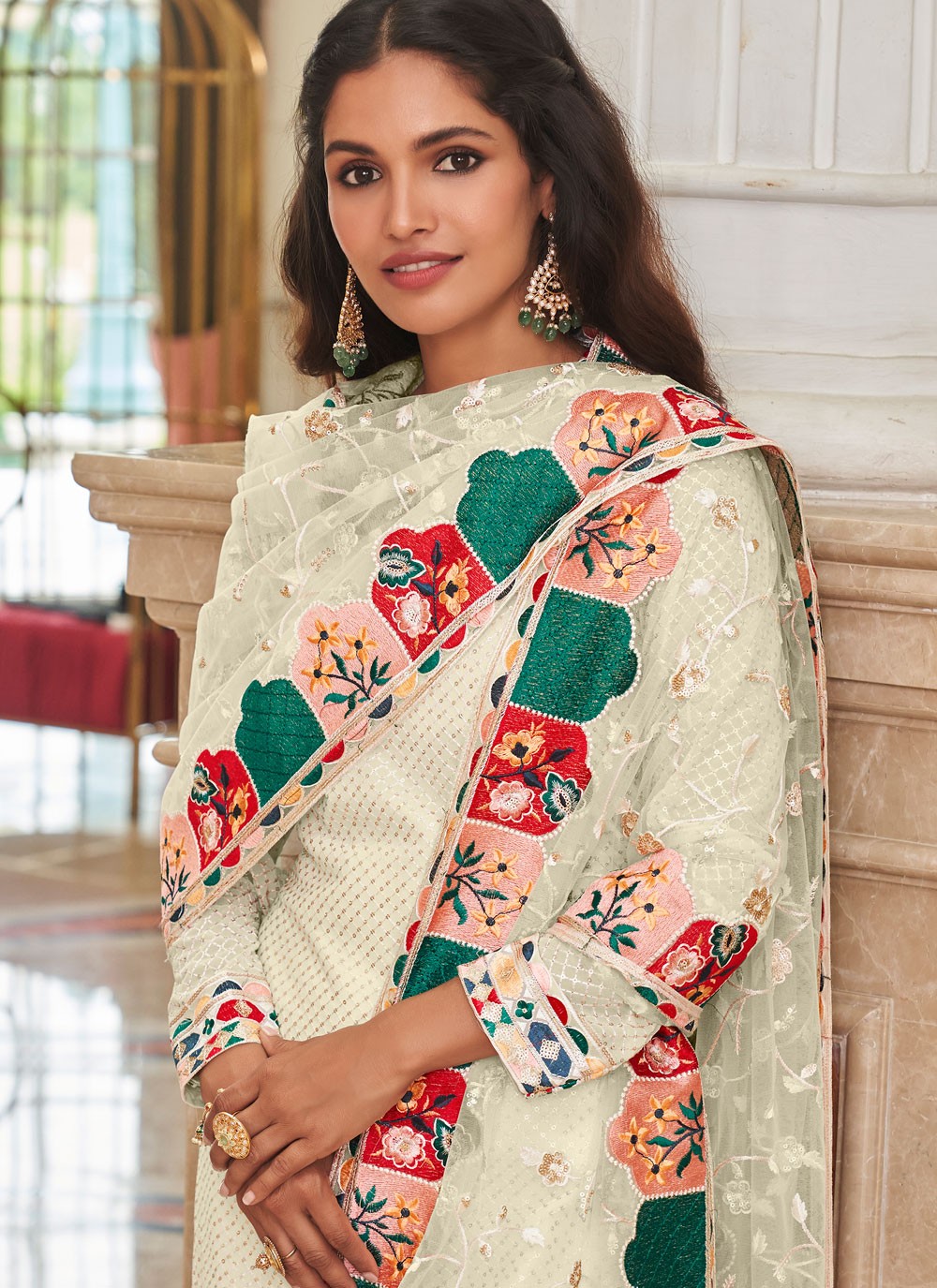 Pant Style Suit Embroidered, Sequins, Thread Off White T6973