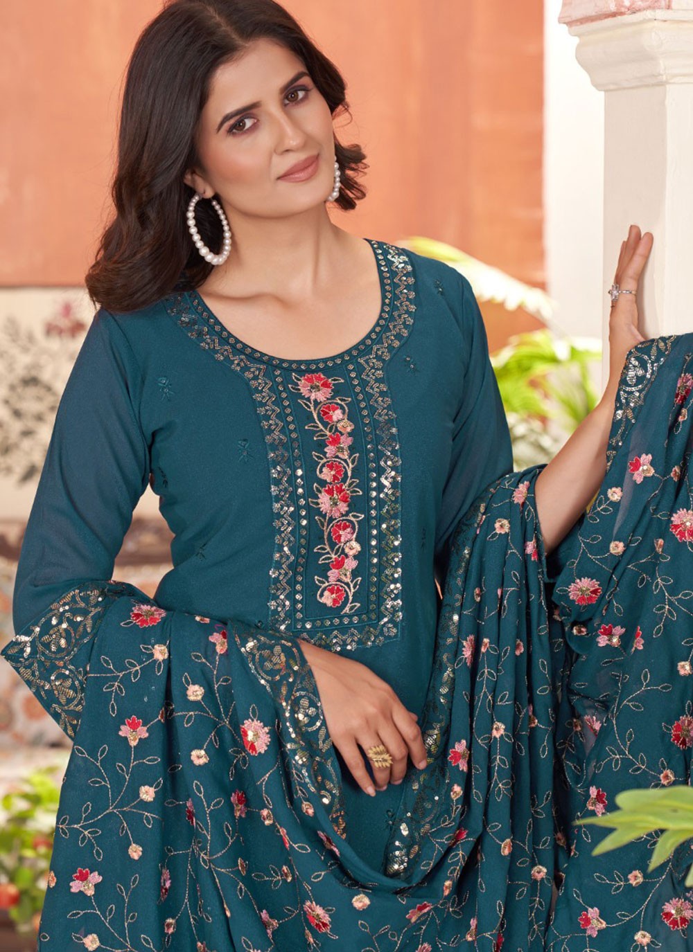 Salwar Suit Embroidered Teal Georgette T5361