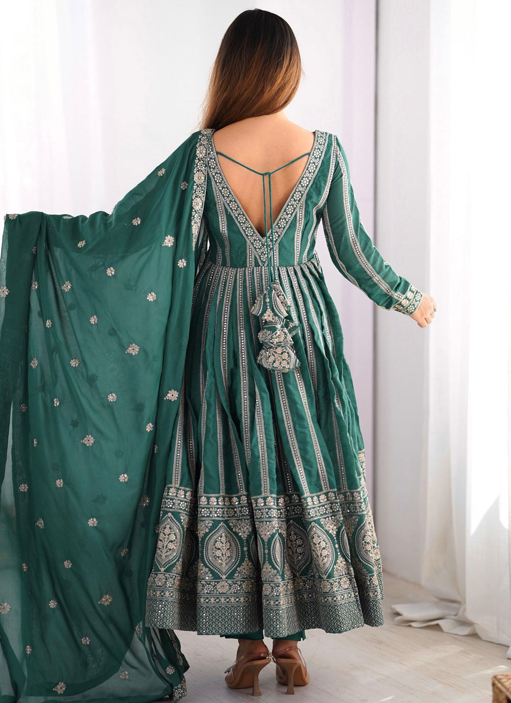 Anarkali Sequins, Thread Teal T7111