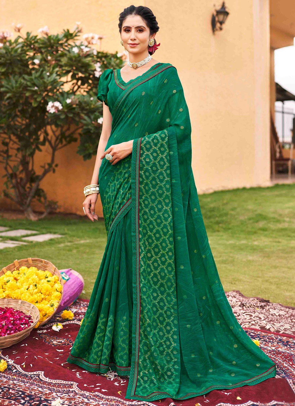 Traditional Printed Green Georgette Saree S12450