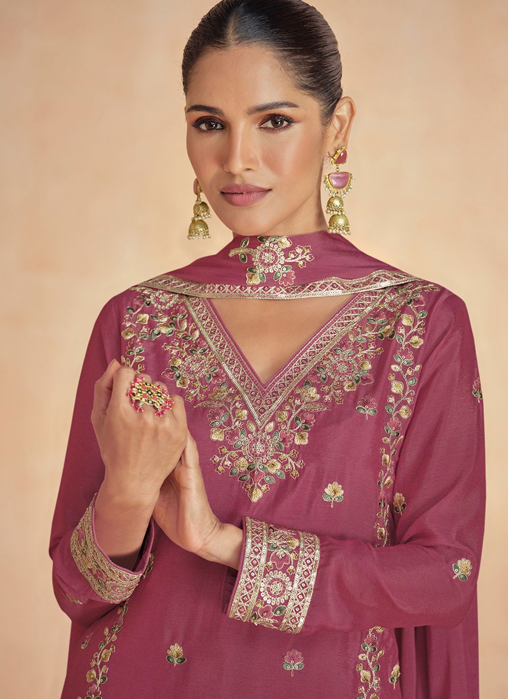 Embroidered Georgette Hot Pink Palazzo Suit T6484