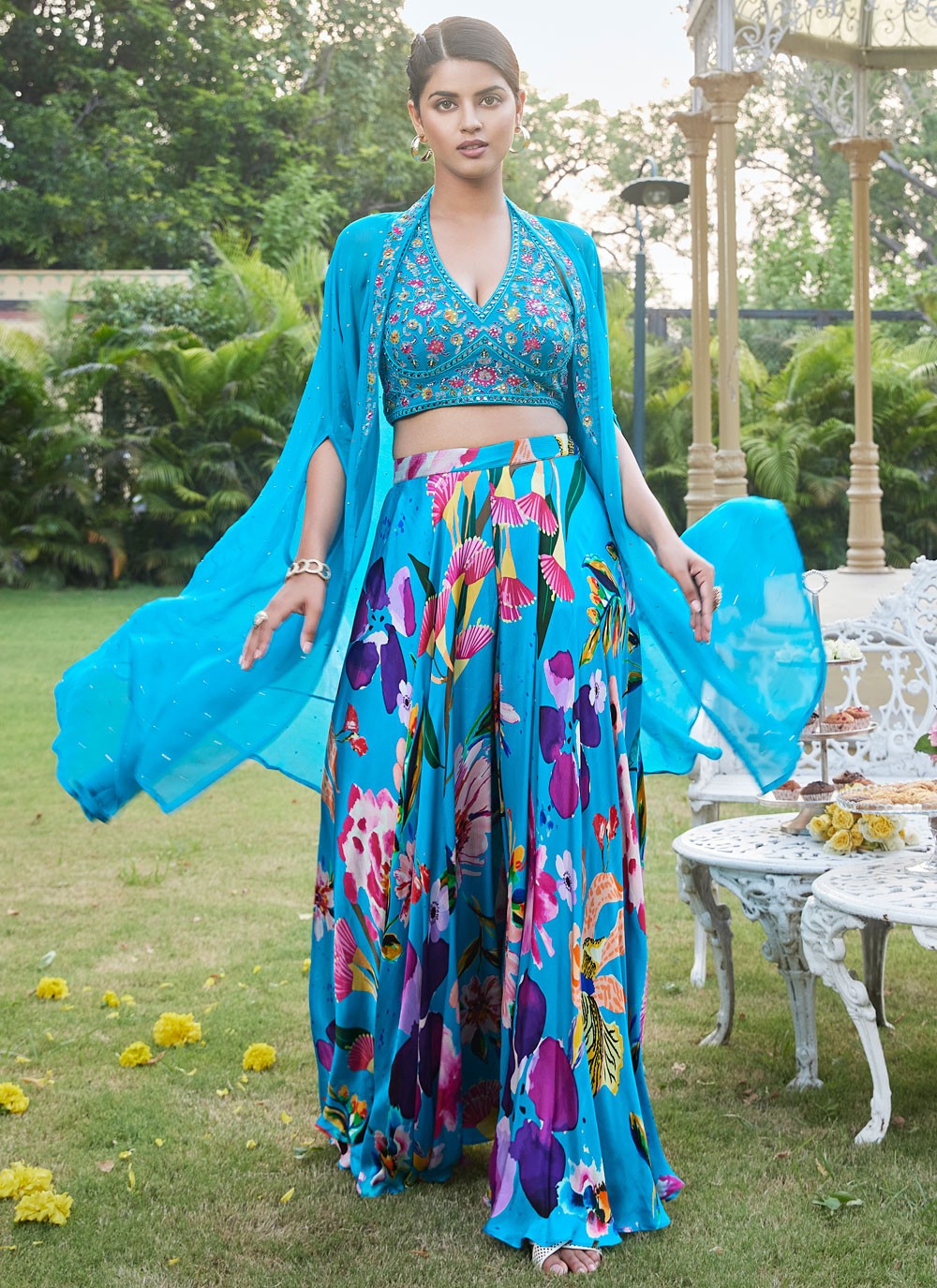 Floral Printed Georgette Blue Lehenga - L3227