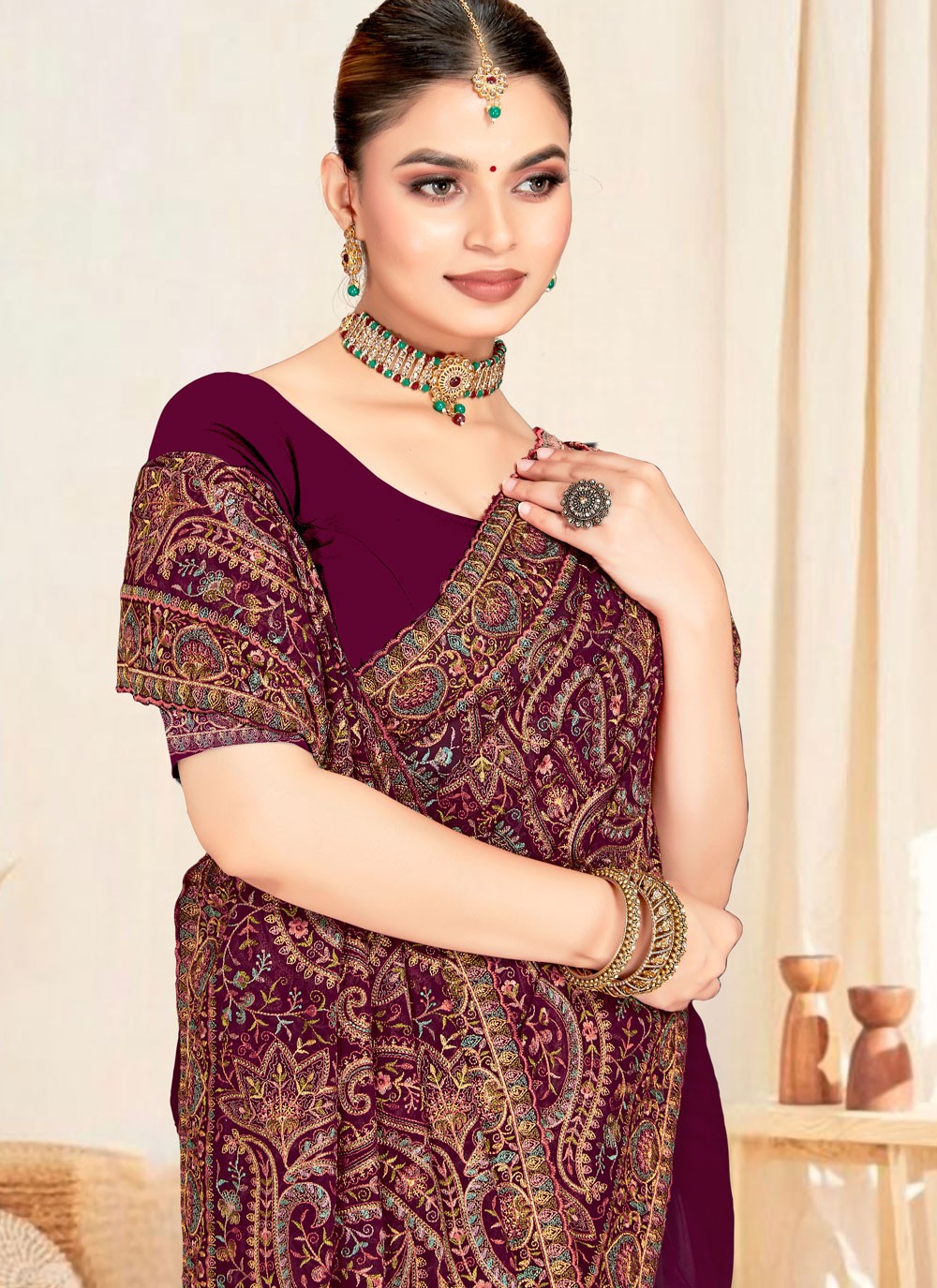 Wine Georgette Contemporary Saree Embroidered, Resham S19832
