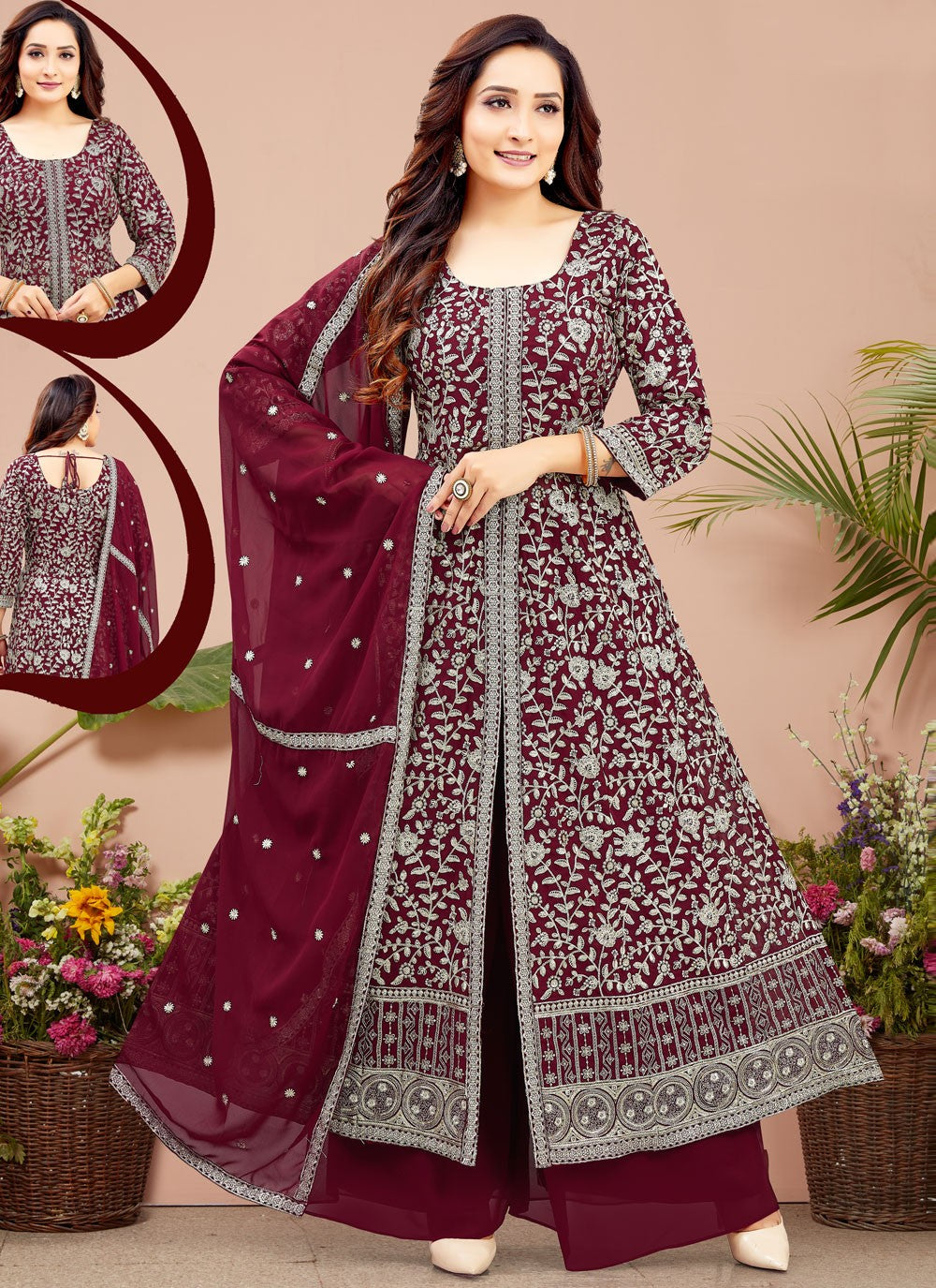 Palazzo Suit Embroidered, Zari Purple T6633