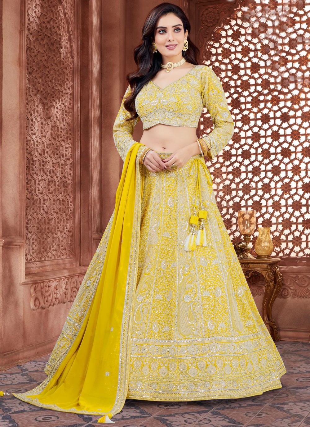 Embroidered Georgette Yellow Readymade Lehenga Choli L3762