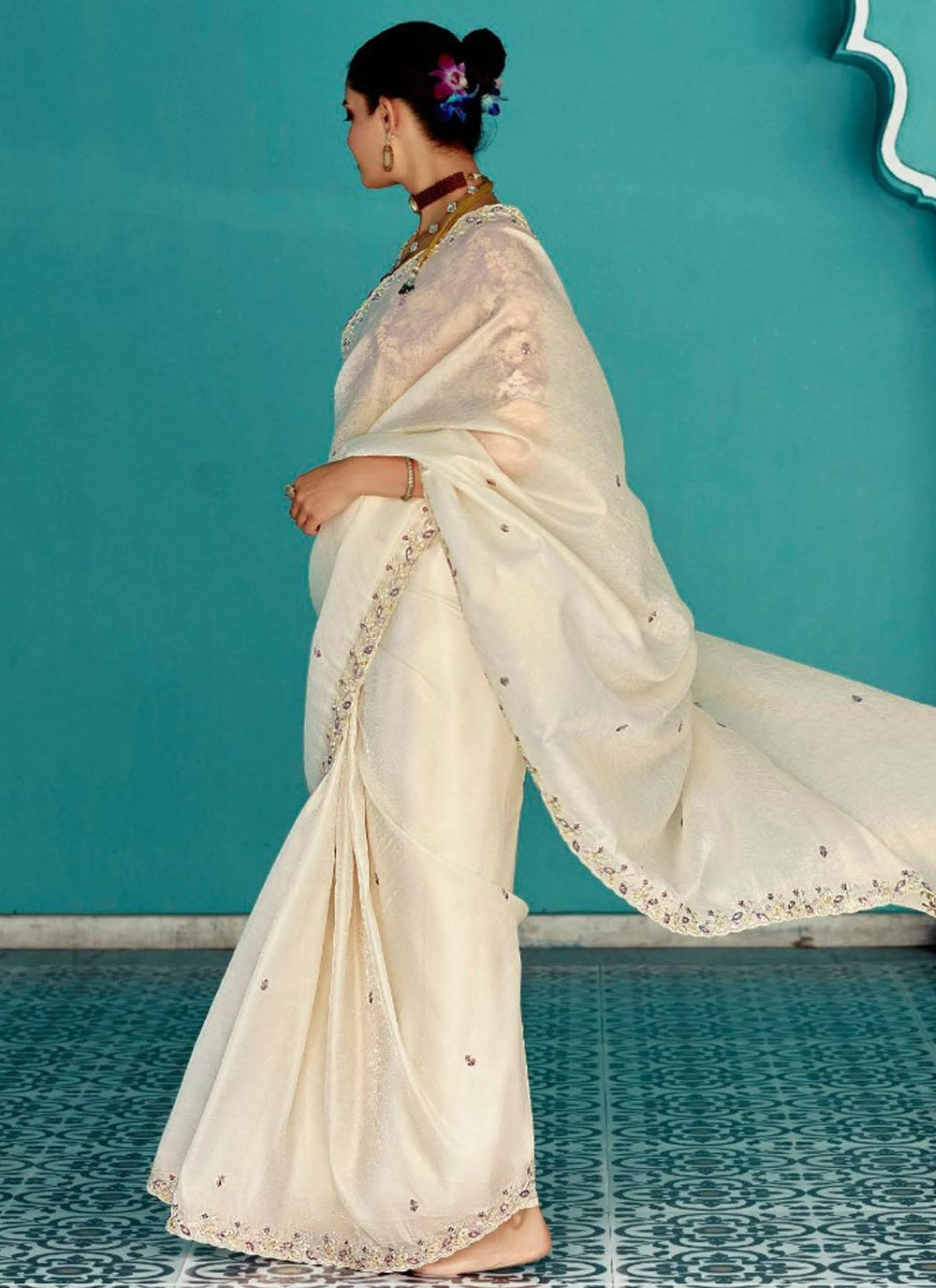 Classic Saree Cut Work Off White Glass Tissue Saree S13271