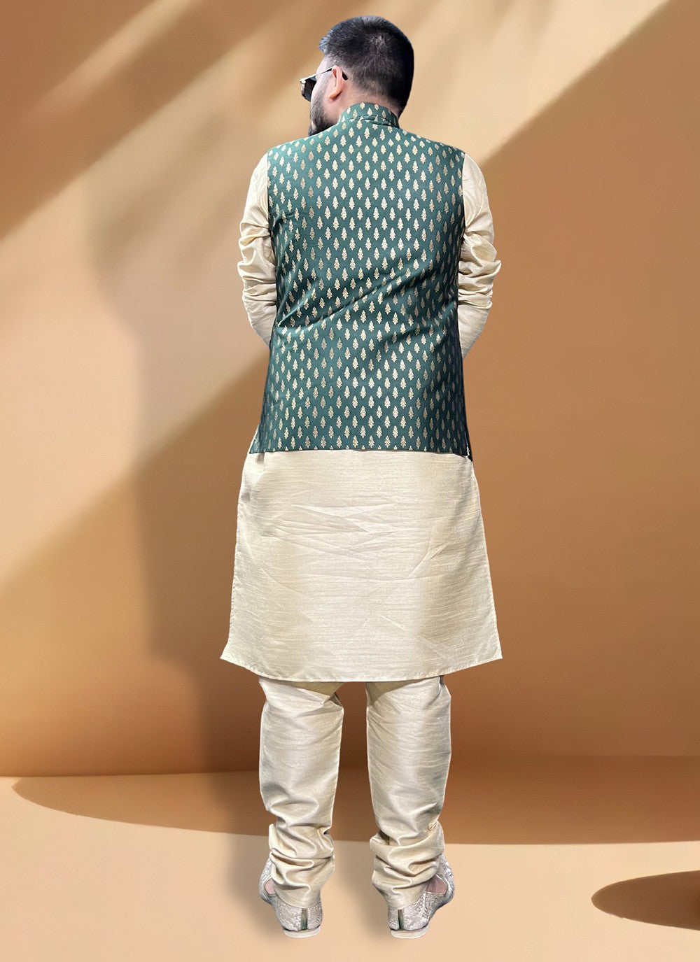 Fancy Work Jacquard, Silk Gold, Green Kurta Payjama With Jacket - M5417