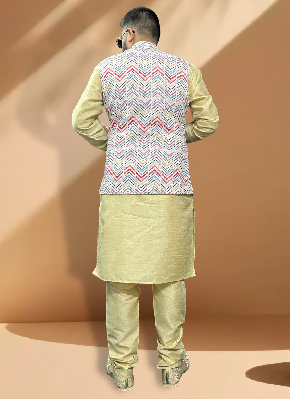 Fancy Work Cotton , Silk Gold, Grey Kurta Payjama With Jacket - M5400