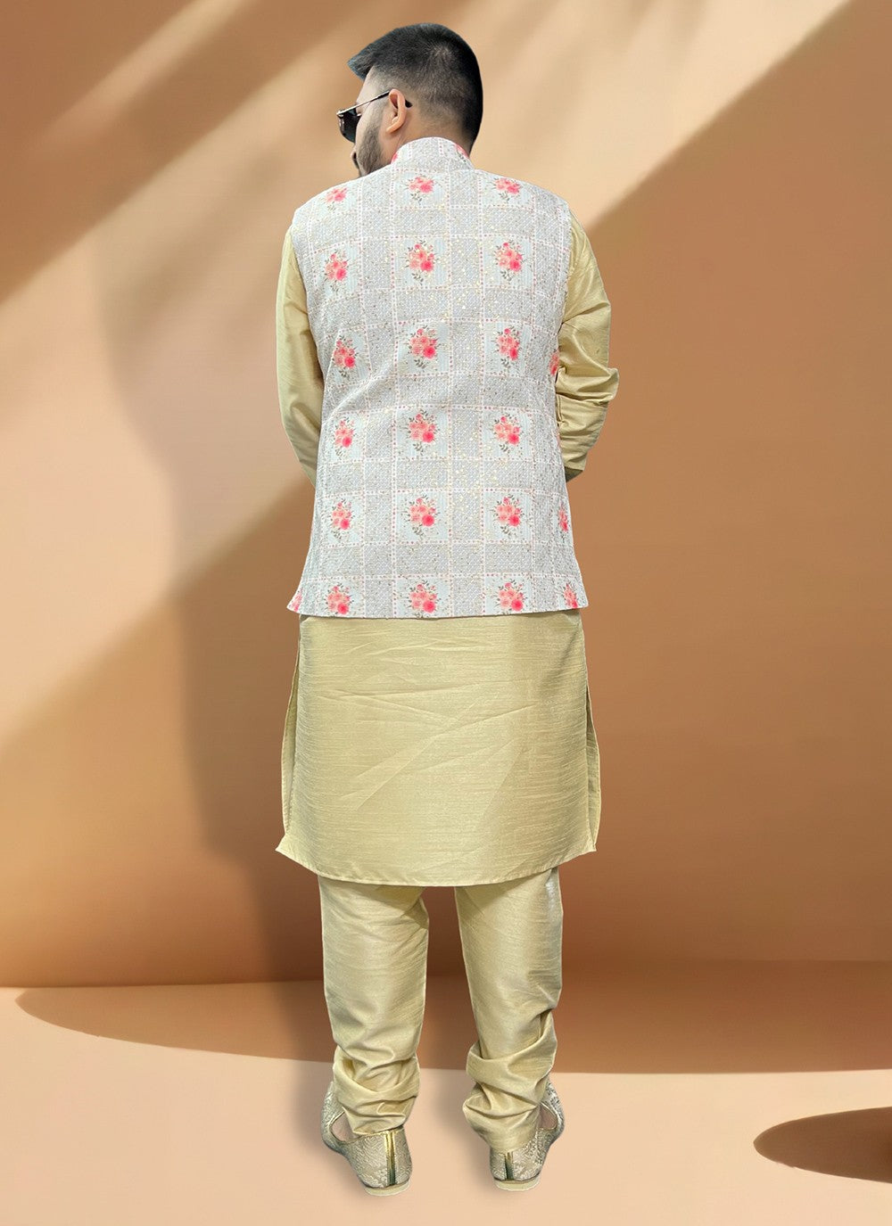 Embroidered Cotton , Silk Gold, Grey Kurta Payjama With Jacket - M5402