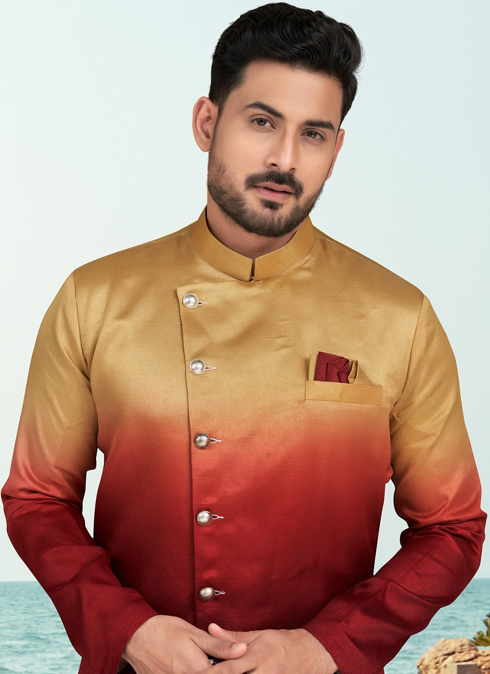 Buttons Silk Gold, Maroon Indo Western - M6593