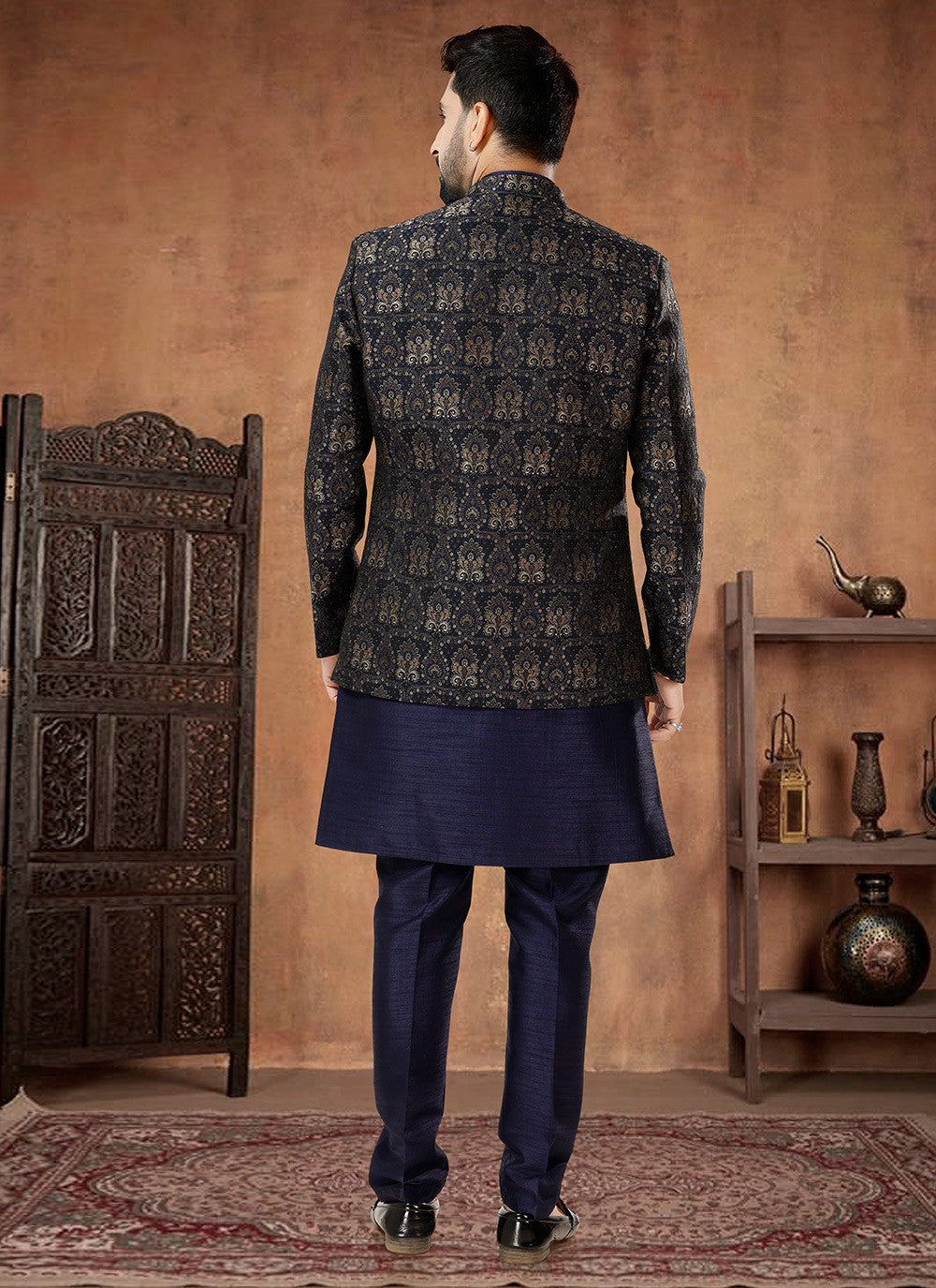 Embroidered Jacquard, Silk Gold, Navy Blue Indo Western - M7017