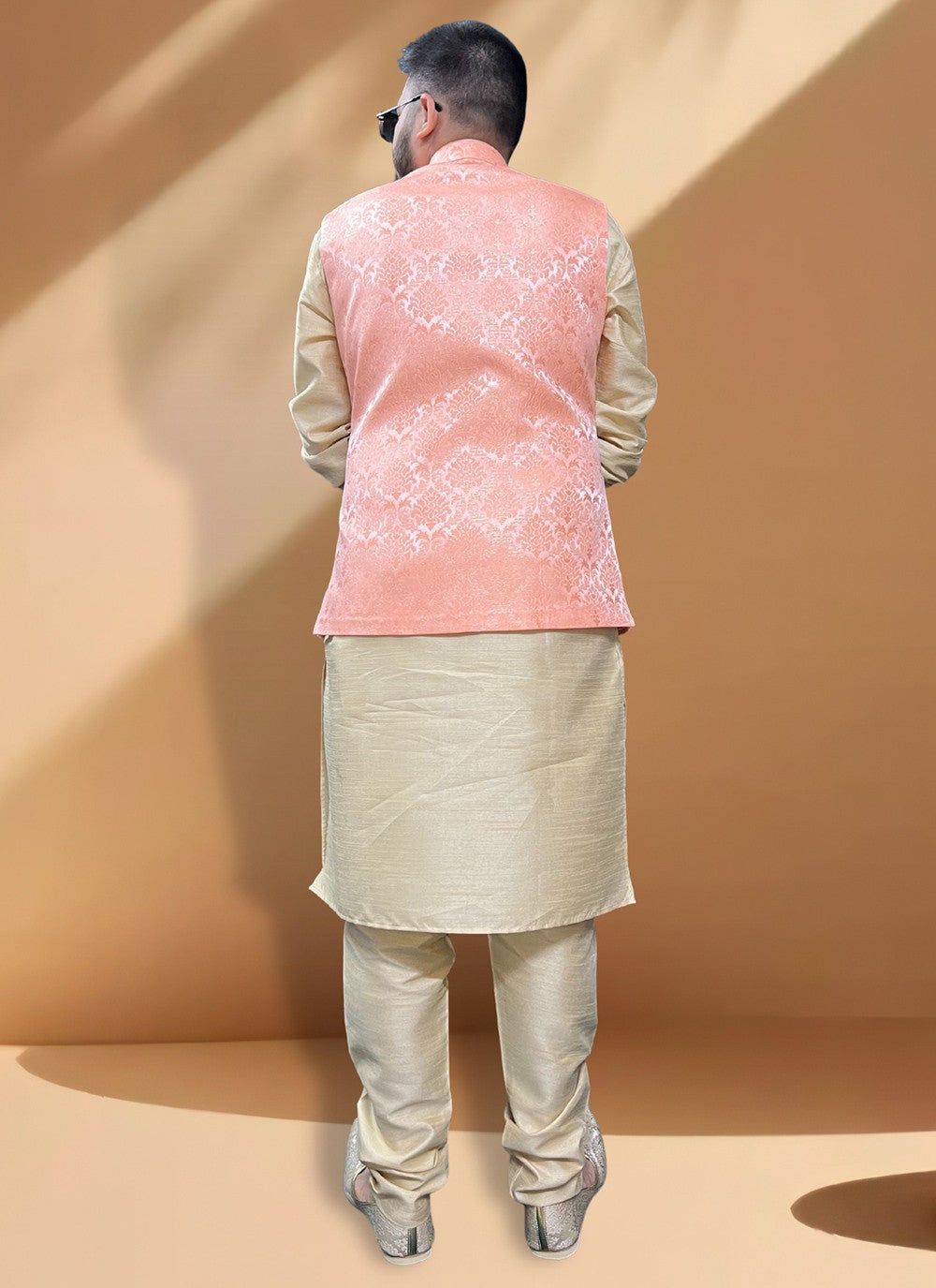 Fancy Work Jacquard, Silk Gold, Peach Kurta Payjama With Jacket - M5397