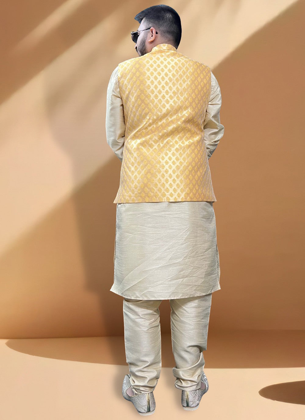 Fancy Work Jacquard, Silk Gold, Yellow Kurta Payjama With Jacket - M5389