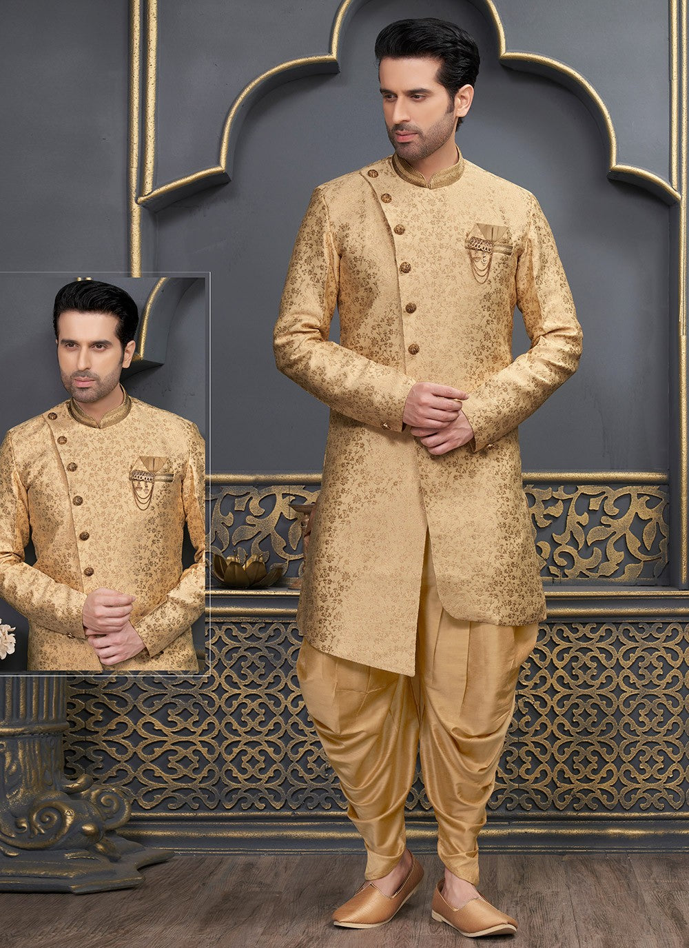 Fancy Work Brocade, Jacquard Silk Gold Indo Western - M6468