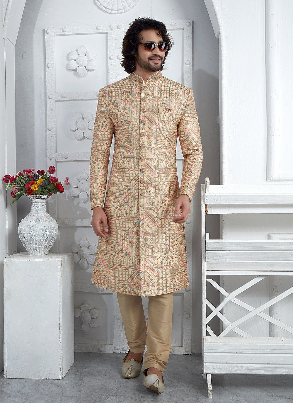 Embroidered Art Silk Gold Sherwani - M7459