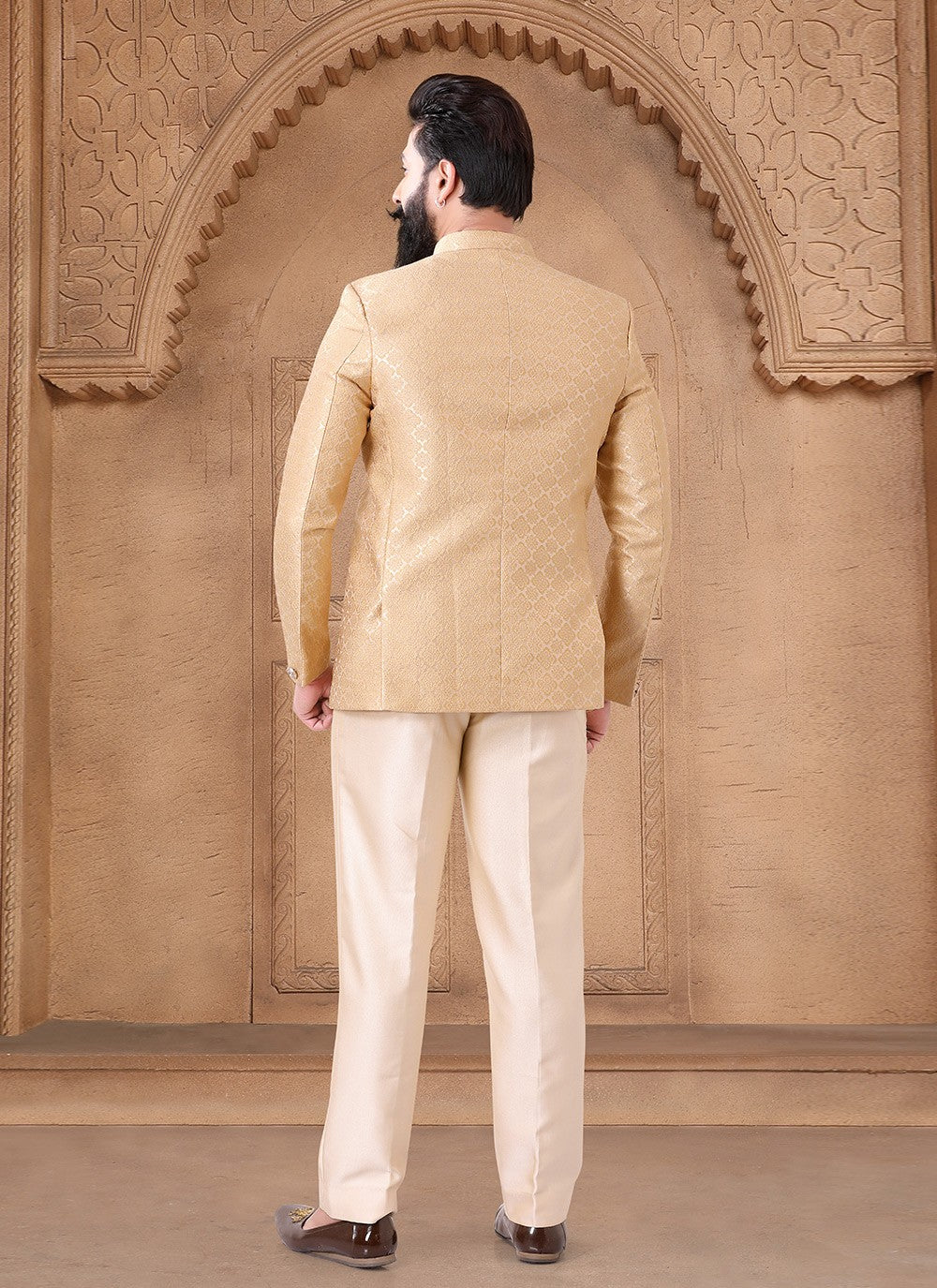 Printed Jacquard Gold Jodhpuri Suit - M7632