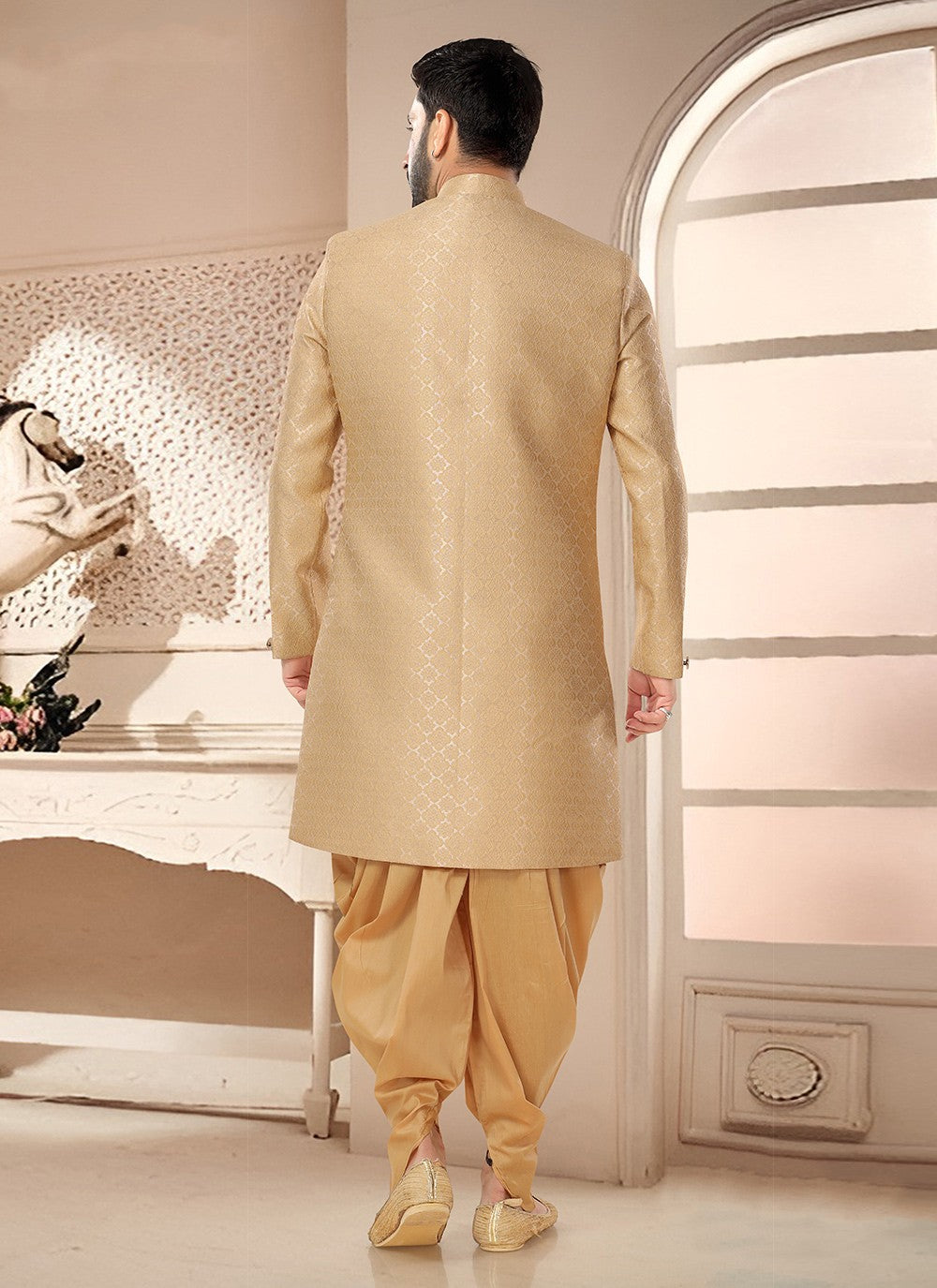 Woven Jacquard Gold Sherwani - M7527