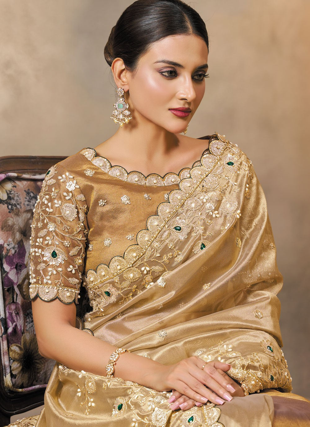 Gold Silk Contemporary Saree Embroidered, Zardosi S20455