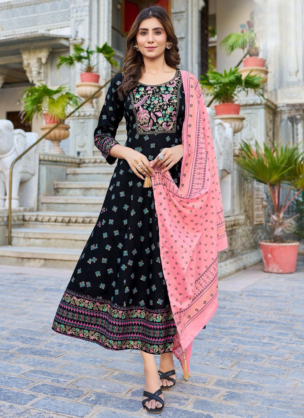 Embroidered Rayon Black Gown G19835